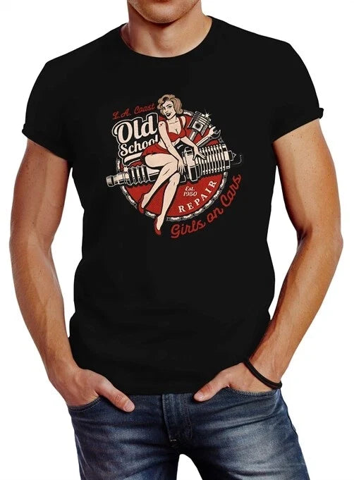 Mens Girls On Cars Retro Vintage Print Pin Up Girl Logo Print Slim Unisex