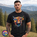 Highland Cow T-Shirt Colourful Paint Effect Graphic Tee Scottish Animal Art Gift