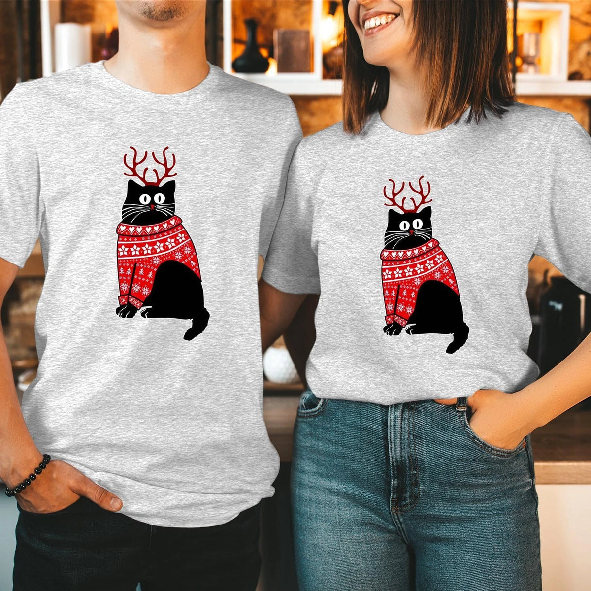 CHRISTMAS CAT Reindeer Antlers Shirt Meowy Catmas Black Cat Xmas Sweatshirt 5133