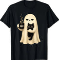 Funny Spooky Black Cat Ghost Holding Coffee Halloween T-Shirt