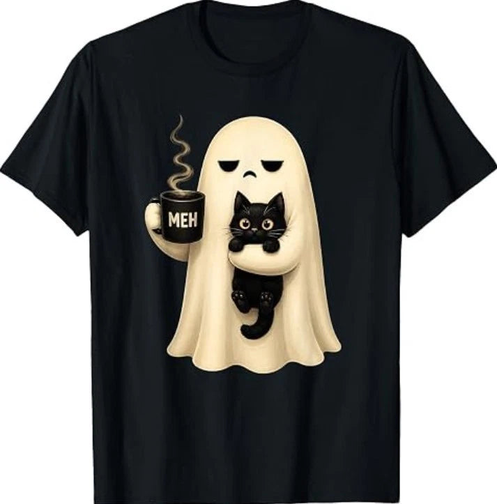 Funny Spooky Black Cat Ghost Holding Coffee Halloween T-Shirt