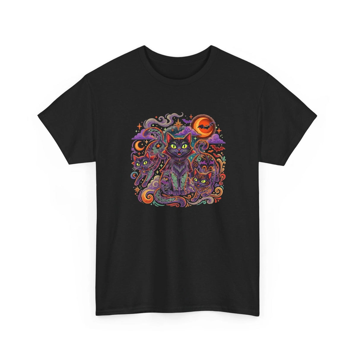 Psychedelic Black Cat Halloween Tee | Mystic Cat Moon Pumpkin