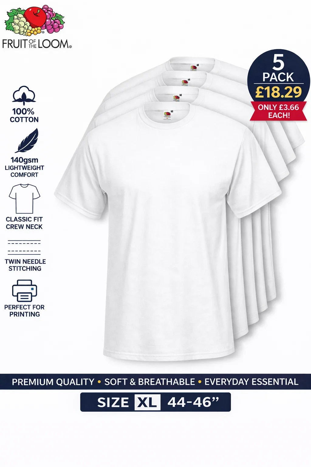 5xFruit of the Loom Size XL White T Shirts 100% Cotton Plain Tee Men-£3.66 each Unisex
