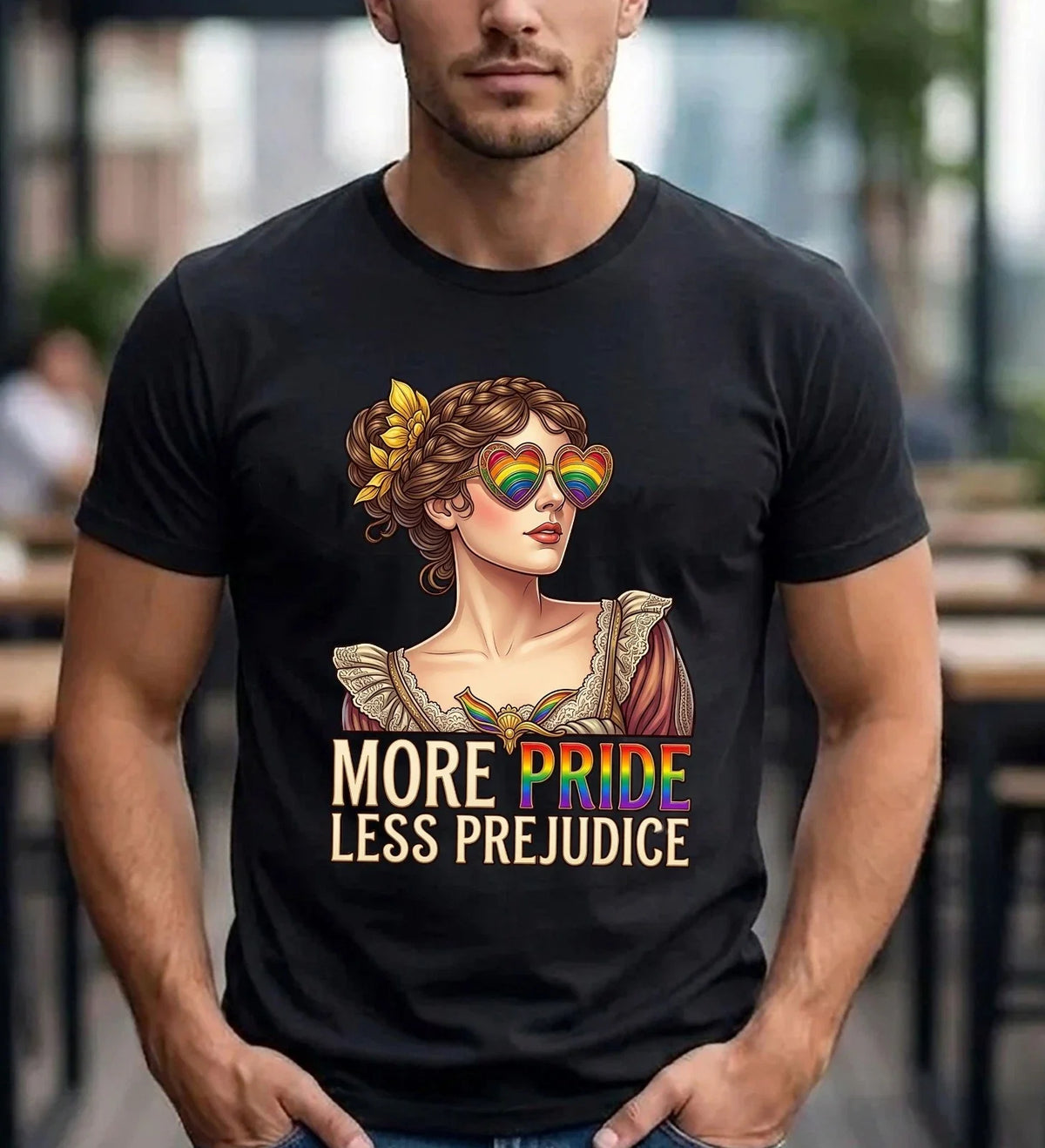 More Pride Less Prejudice TShirt LGBTQ Pride Graphic Shirt Rainbow Sunglases Tee Unisex