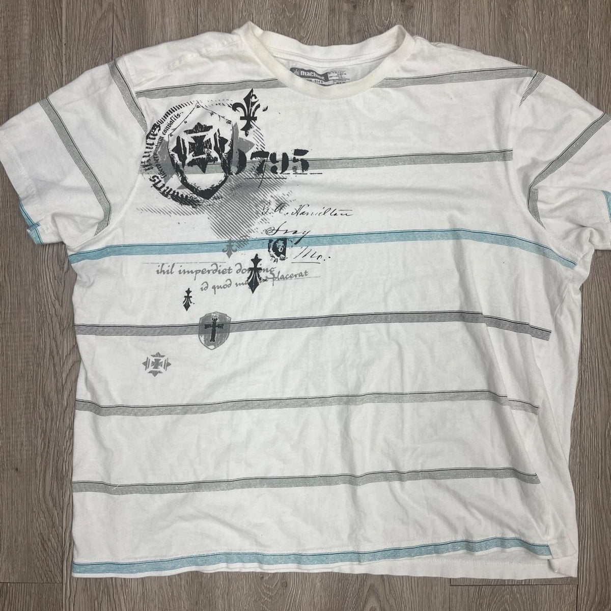 machine mens Y2k white cotton t shirt light blue horizontal stripes graphic