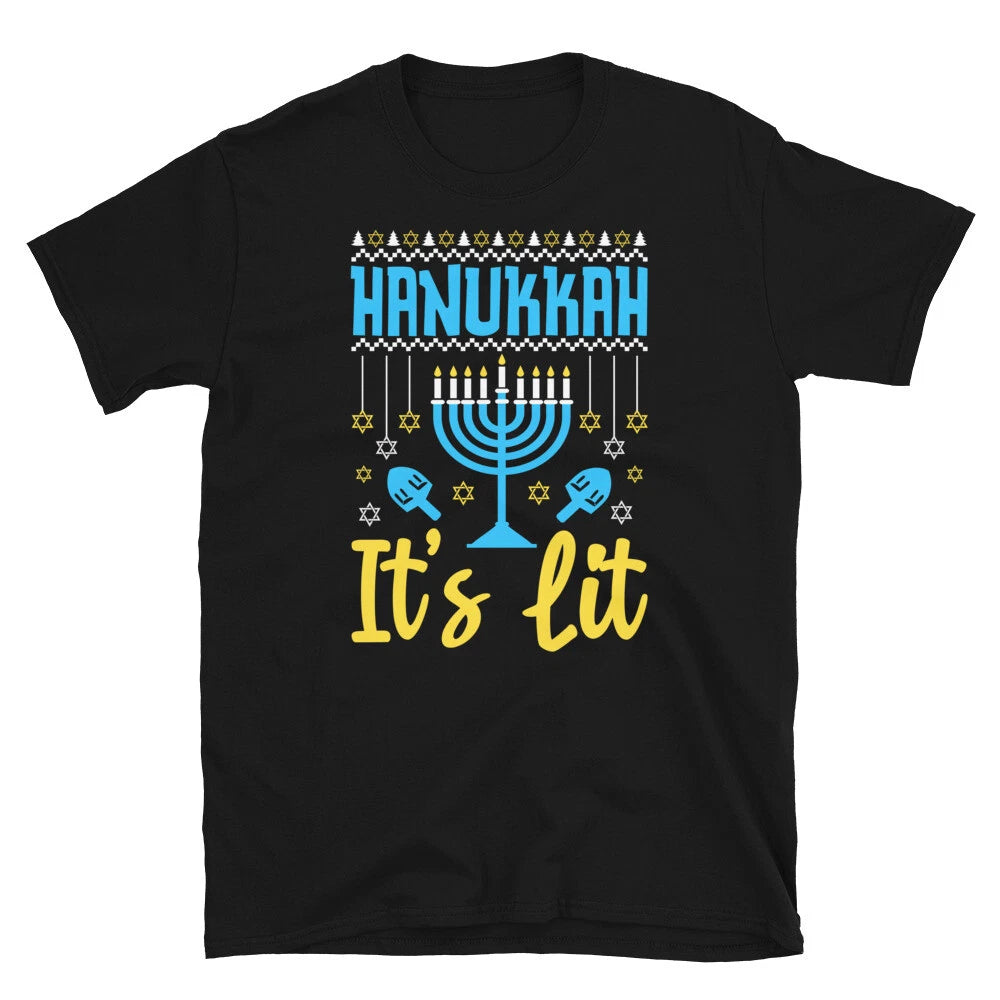 Hanukkah It’s Lit Jewish Holiday Menorah Dreidel Short-Sleeve Unisex T-Shirt