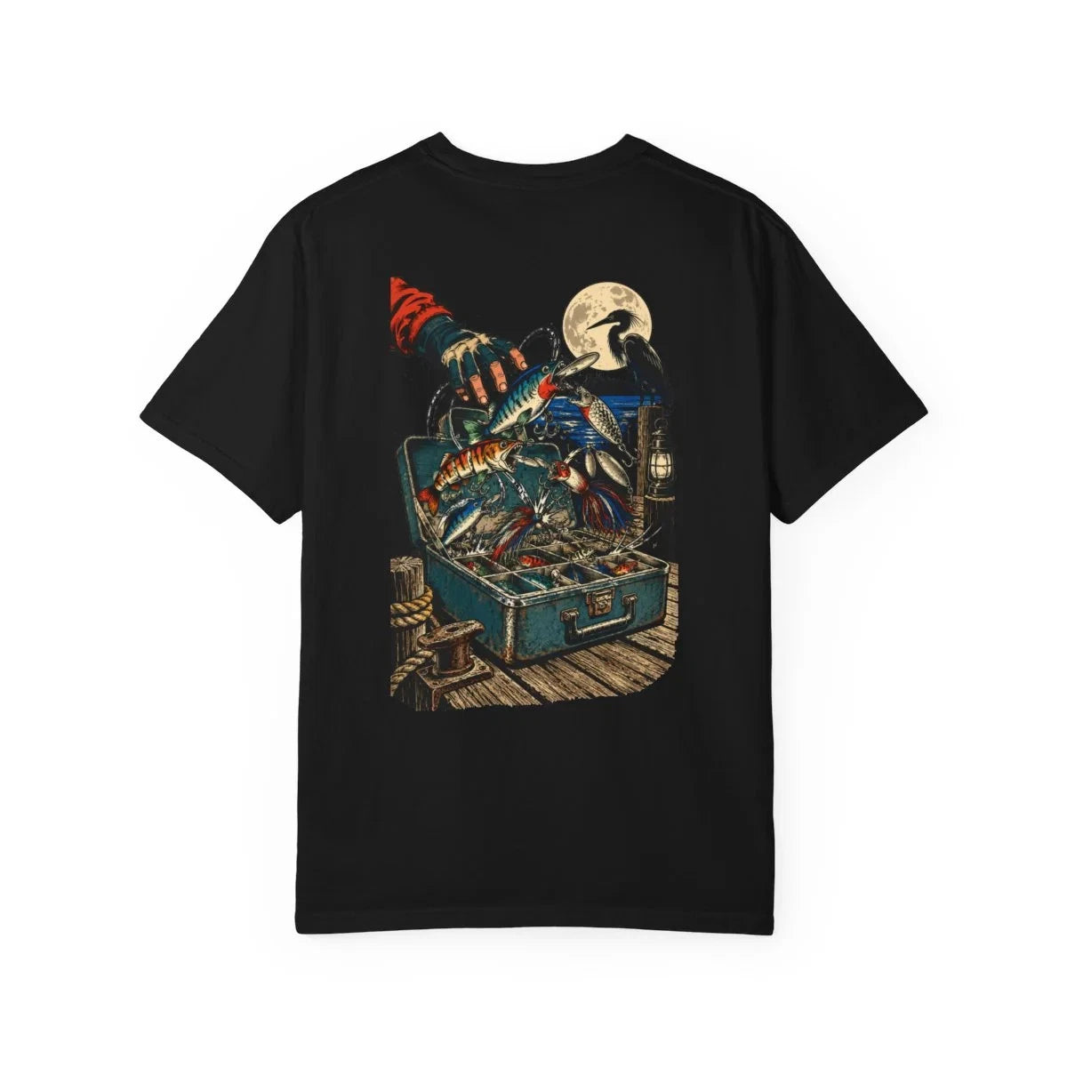 Moonlit Tackle Box Fishing Lures T-Shirt Black Back Print Comfort Colors 1717