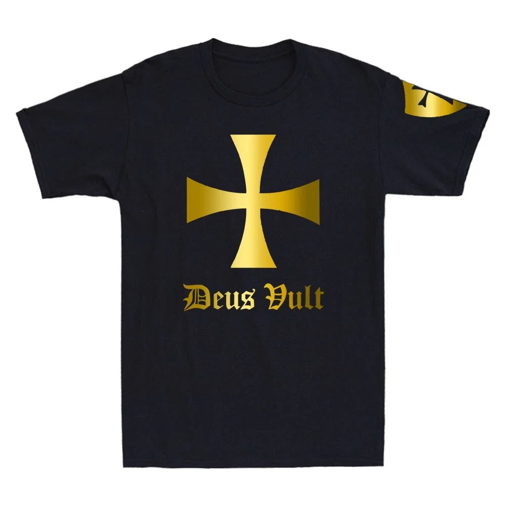 Deus Vult Knights Templar Cross Shirt Crusader Golden Print Novelty Mens Unisex