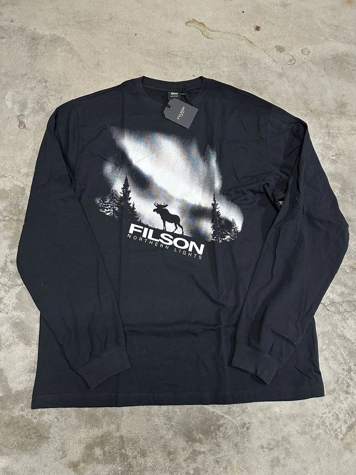 NWT Filson Northern Lights Long Sleeve Moose T Shirt Black Made in USA Outdoors Unisex