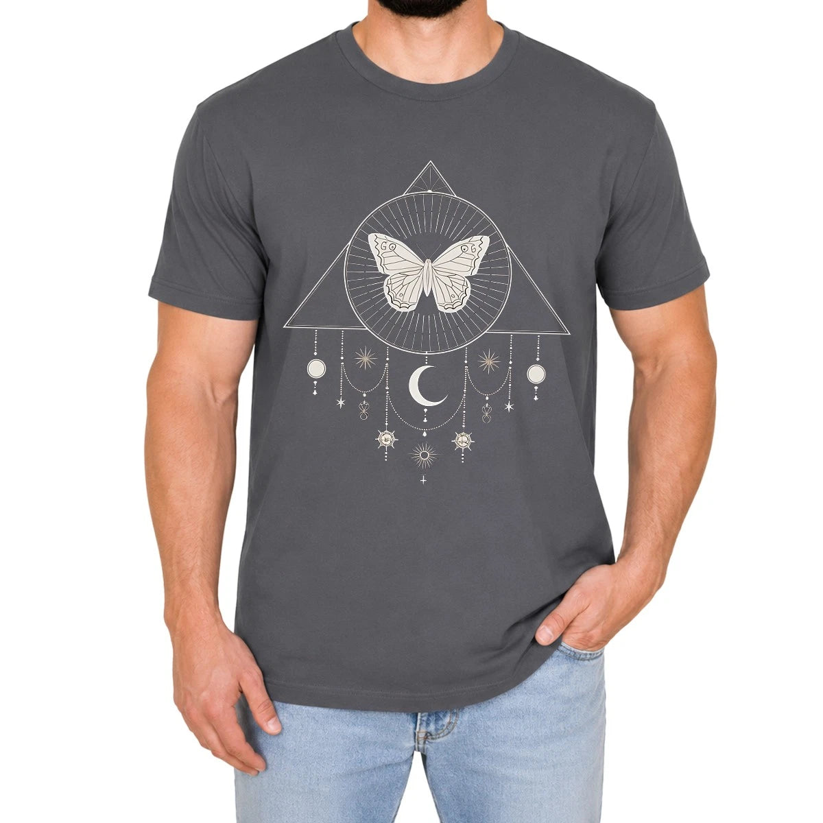 Celestial Butterfly Mens T-Shirt Mystic Moon Stars Gothic Nature Lover Gift