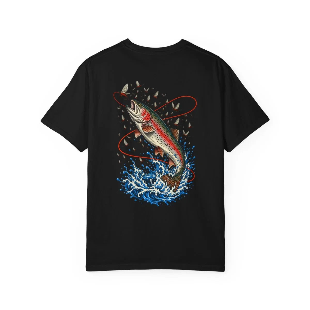 Rainbow Trout Mayfly Hatch Fly Fishing T-Shirt Black Back Print