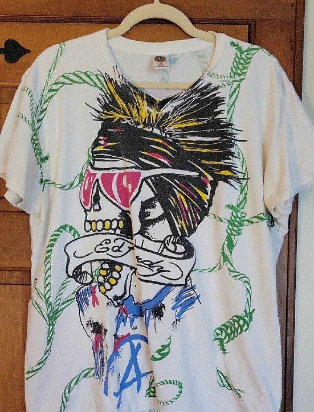 RARE Ed Hardy Y2K Skull Graphic Tee in White with Multicolor Print