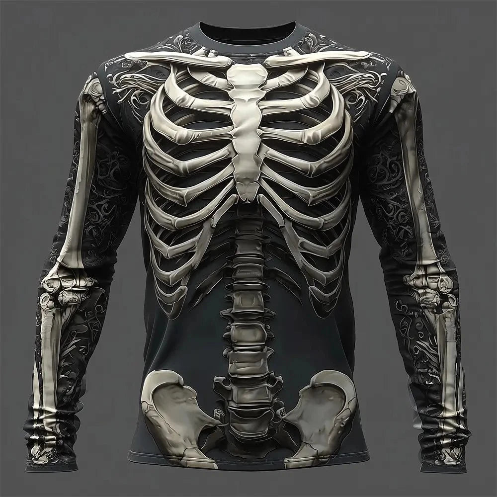 2025 Halloween Skeleton Print Long Sleeve T-Shirt Men Gothic Casual Top NEW!