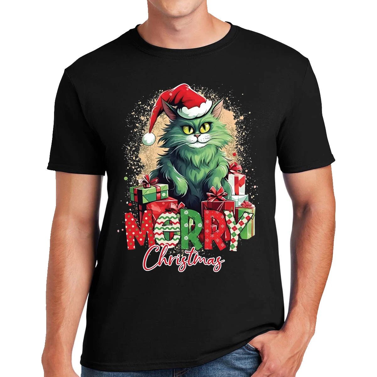 CHRISTMAS CAT T-Shirt Novelty Funny Santa Gift Men ladies Kids Xmas Tshirt Joke