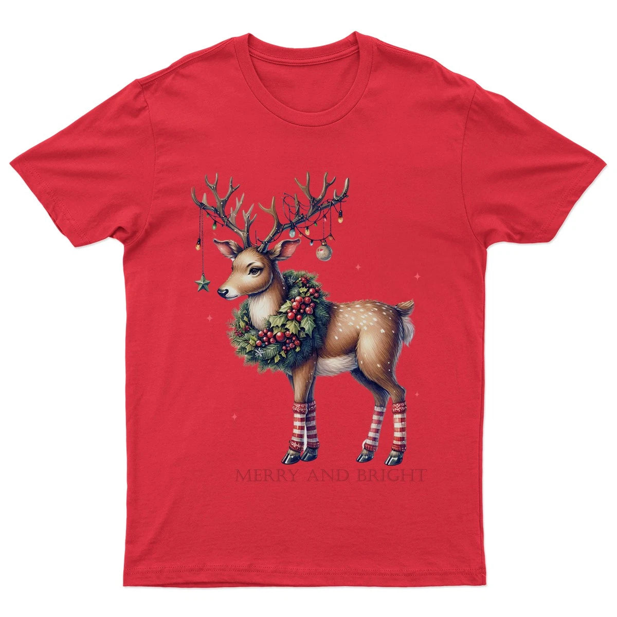 Merry And Bright Reindeer T-Shirt Unisex Gift Forest Retro Seasonal Funny Xmas