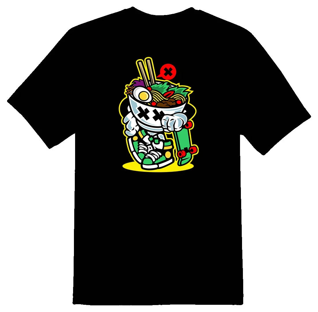 Ramen style noodles skateboard skateboarding Tee shirt black or white Unisex