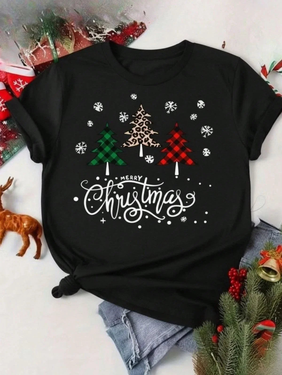 Christmas Trees Graphic Merry Christmas Plaid Leopard Tee Unisex Unisex