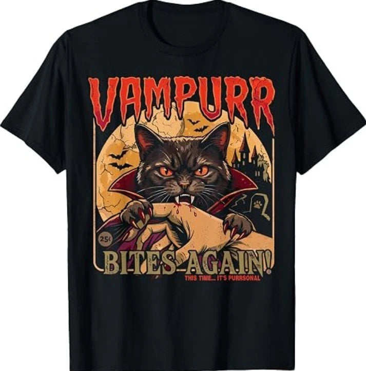 Vampurr Bites Again Halloween Cat Vintage Vampire Graphic T-Shirt