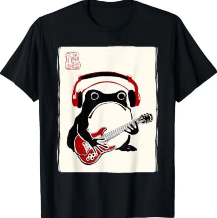 Funny Grumpy Frog Guitar Rock Music Kawaii Japanese T-Shirt