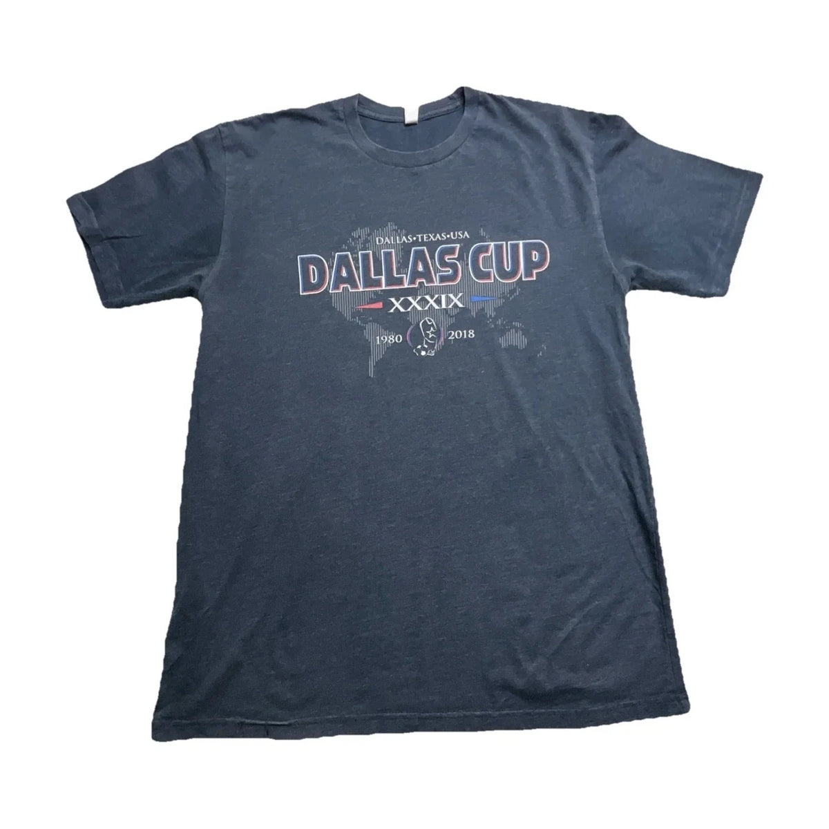 Dallas Cup Dark Blue Graphic Men's Crew Neck Soccer Short Sleeve Size L Unisex
