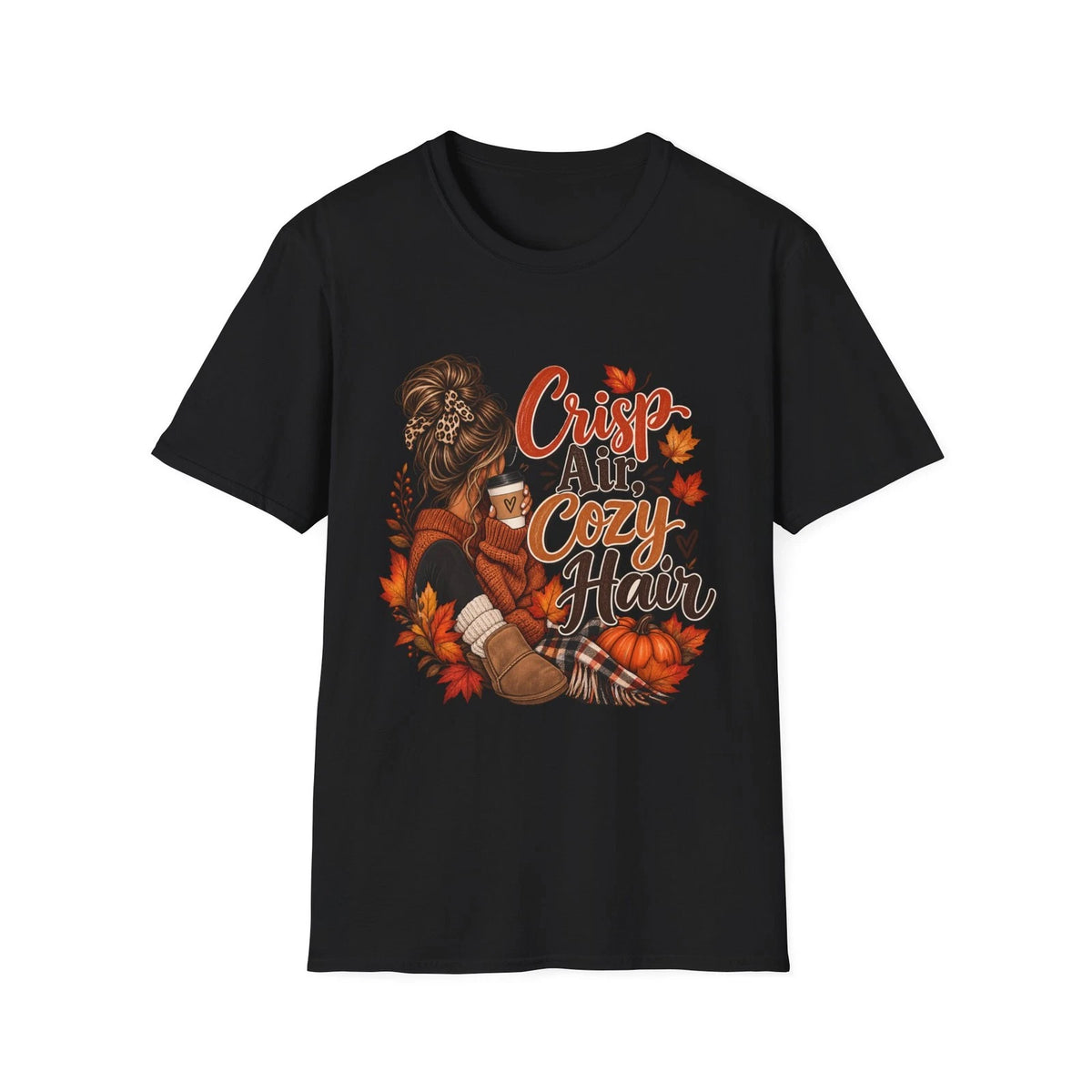 Crisp Air Cozy Hair T-Shirt | Fall Leaves Pumpkin Coffee