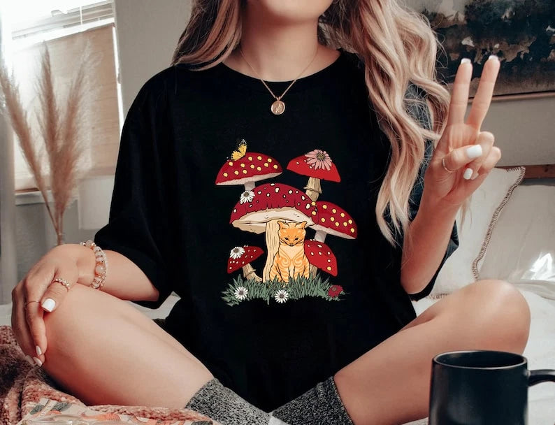 Cat and Mushroom Shirts, Goblincore Shirt, Cat Mushroom Shirt, Cat Lover Gift