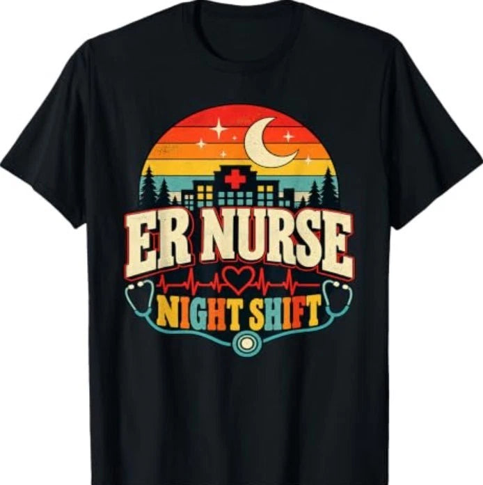 ER Nurse Night Shift Hospital Skyline Retro T-Shirt