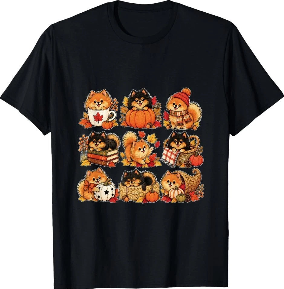 Pomeranian Cute Autumn Pumpkin and Fall Leaves Art T-Shirt