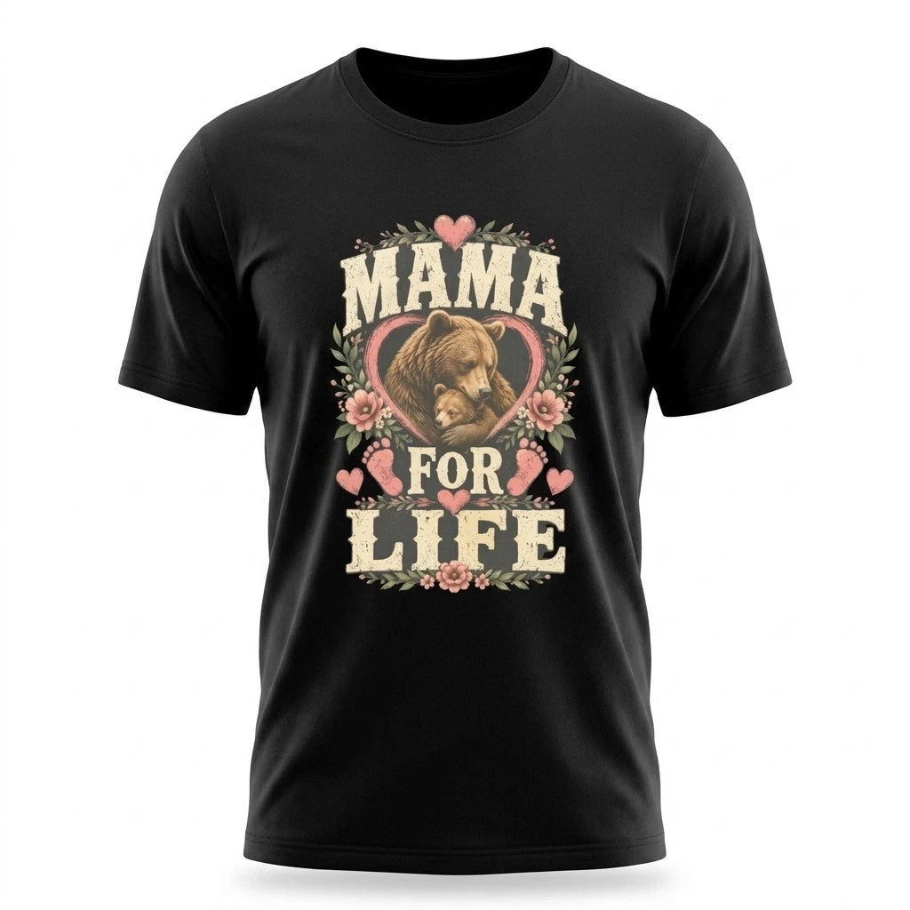 Mama for Life Pro Life Bear Mom Floral Black T-Shirt Motherhood Tee