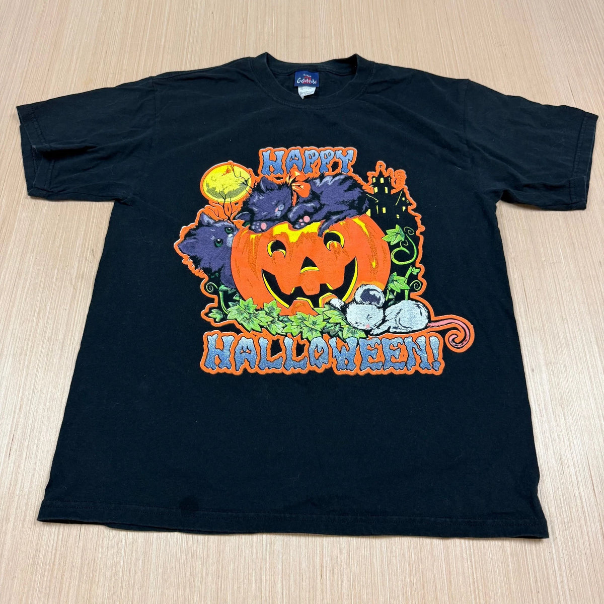 Vintage 90s Happy Halloween Cat Pumpkin T Shirt Jack o Lantern Large