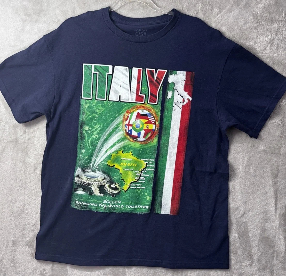 World Of Soccer Italy Graphic T Shirt Mens Large Navy Brazil Map Soccer Tee Unisex
