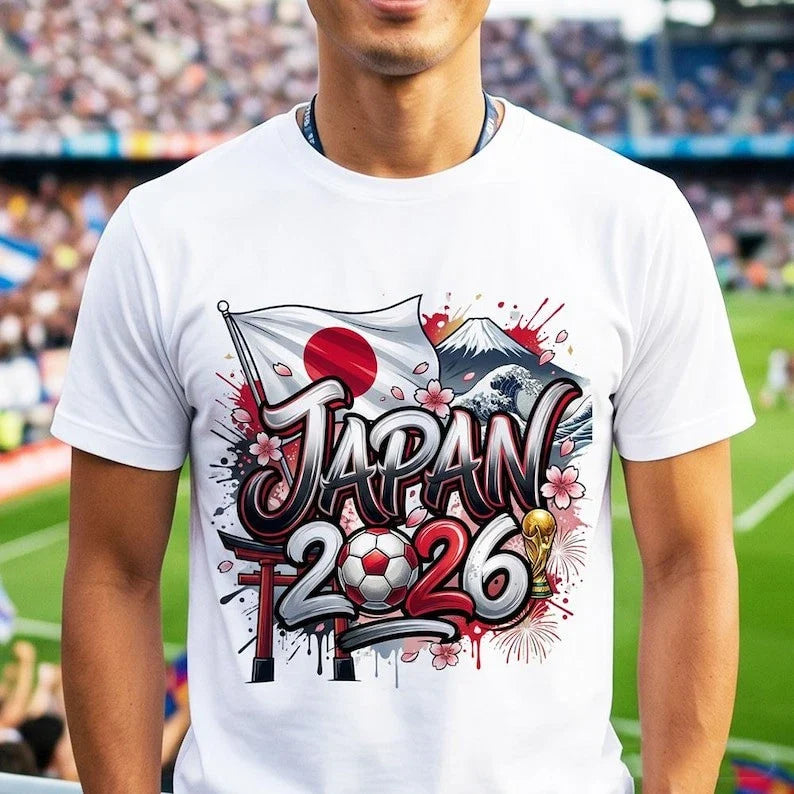 Japan Soccer Fan TShirt 2026, Mount Fuji Cherry Blossom Graphic Tee Unisex