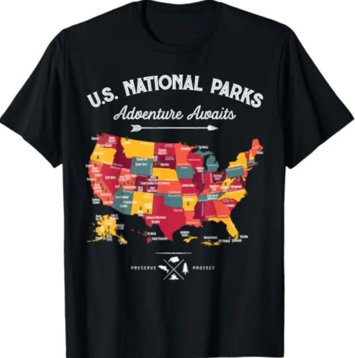 63 National Parks Map US Park Retro Vintage Camping Hiking T-Shirt