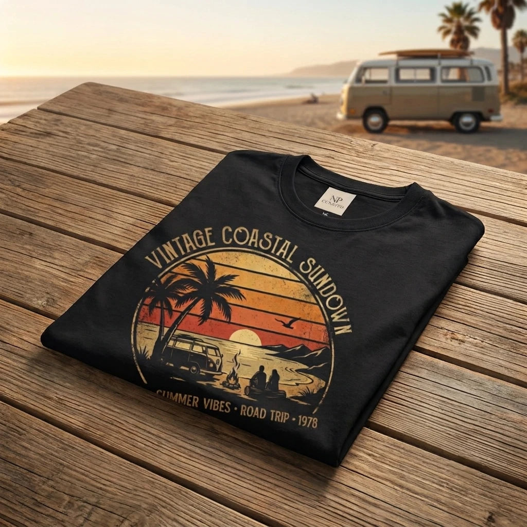 Vintage Coastal Sunset T Shirt Retro 70s 80s California Beach Tee Graphic Black