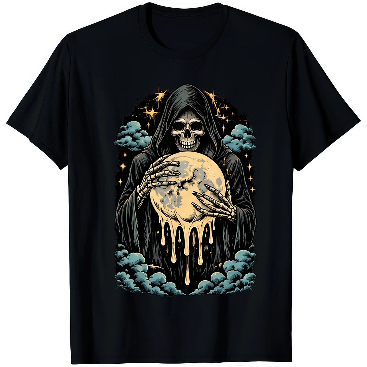 Reaper Holding Dripping Moon Grim Skeleton Celestial Gothic Skull Stars T Shirt