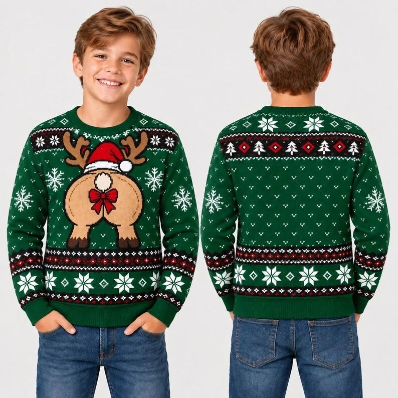 Kids Funny Reindeer Butt Ugly Christmas Sweater, Youth Unisex Green Holiday Gift