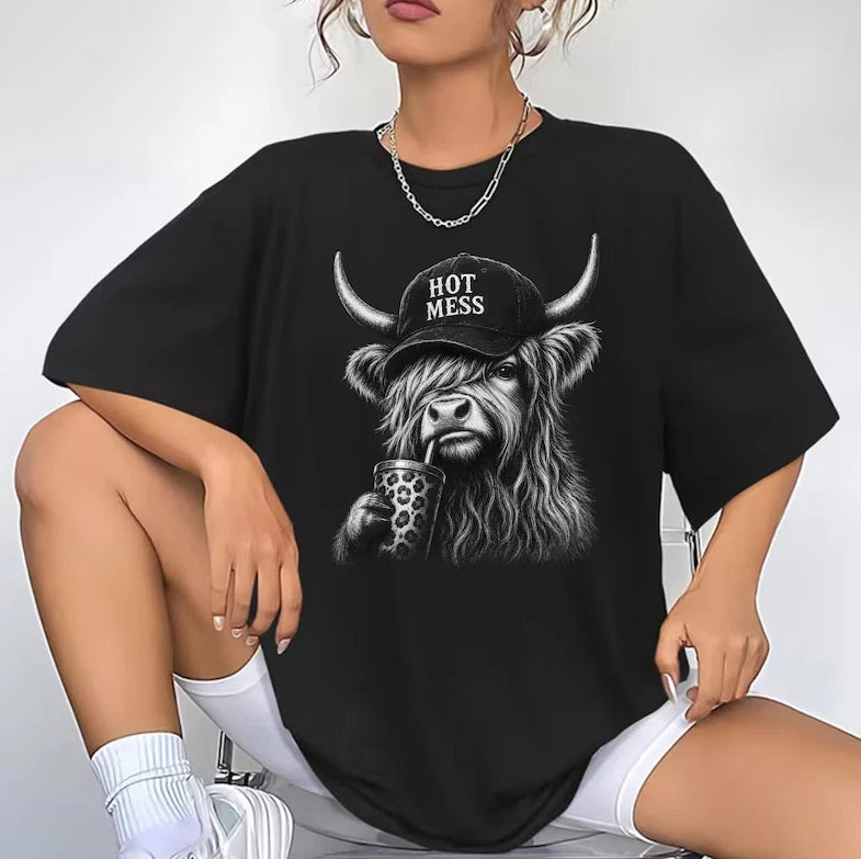 Hot Mess Highland Cow T-Shirt Funny Cow Tee Coffee Lover Country Girl Gift