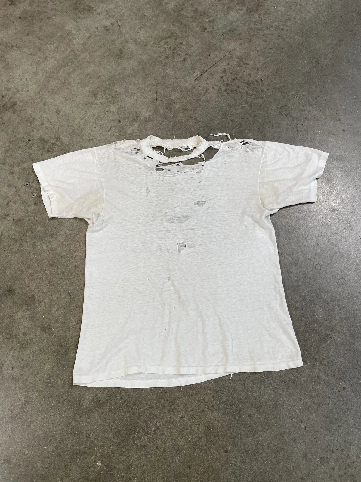 Vintage Heavily Thrashed Distressed Faded White Tee 20.5x27