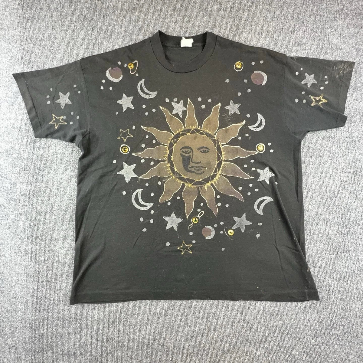 Vintage Celestial Sun Moon Stars Shirt Mens 2XL Black Rhinestone Graphic Tee