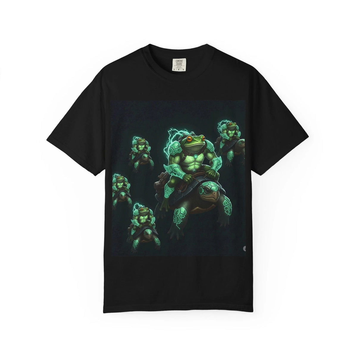 Frog Riders on Turtles and on back, black t shirt