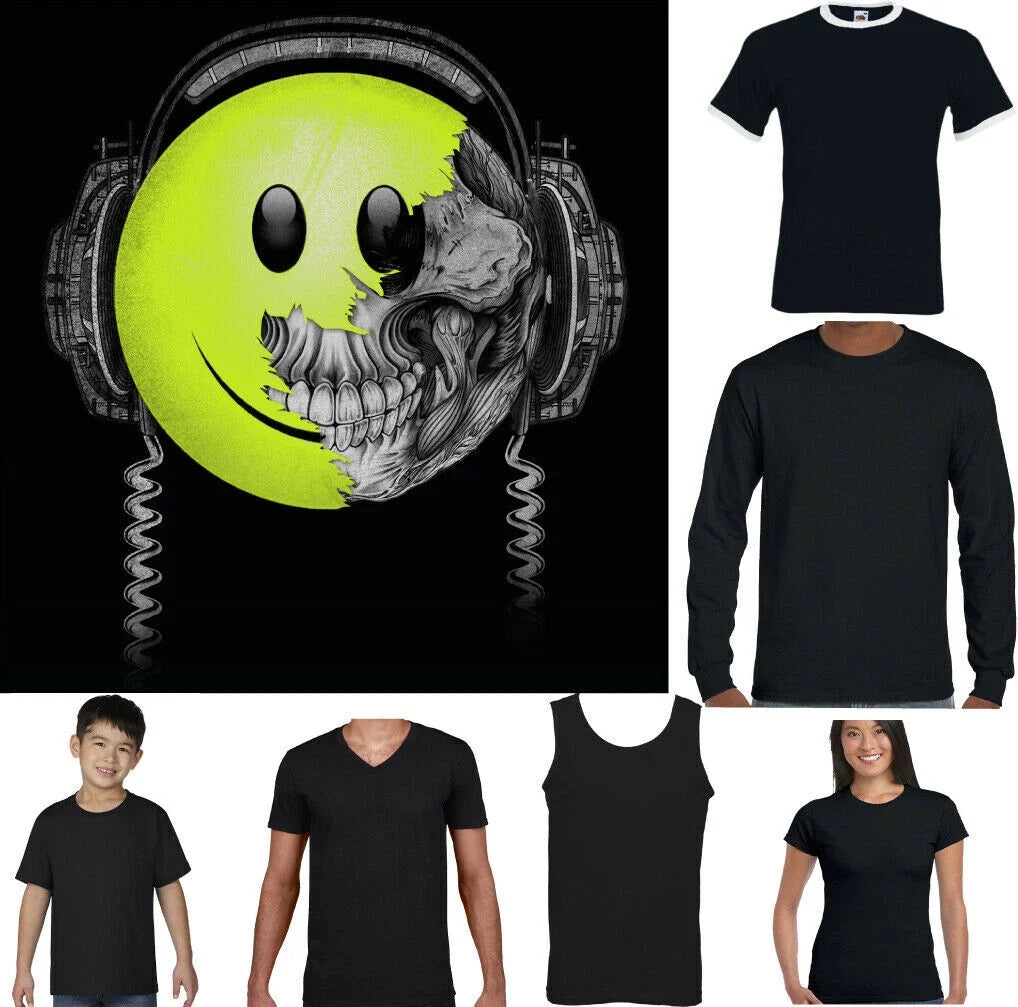 DJ SKULL Mens Happy Face Funny DJing Dance Music 90s Rave Acid House Unisex