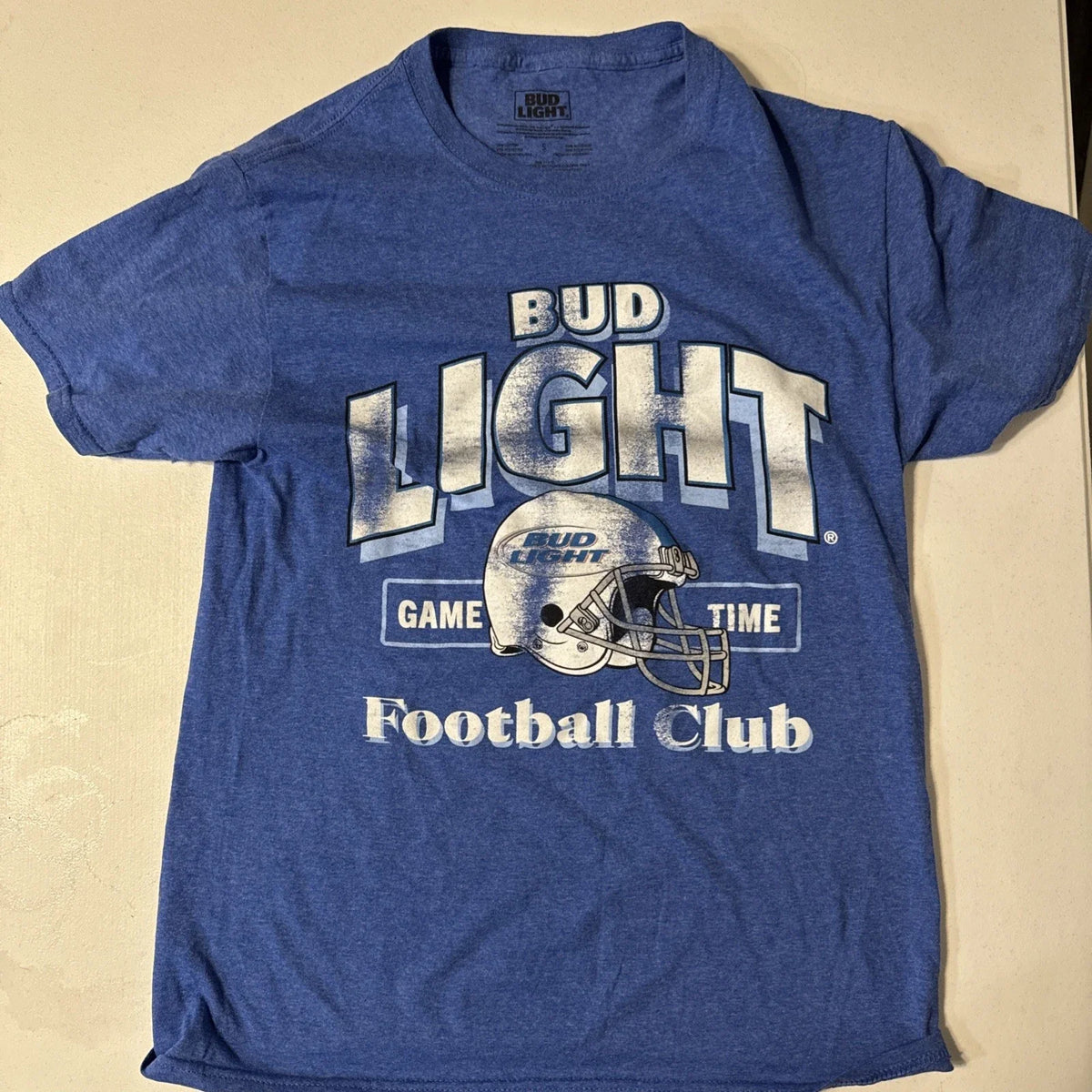 Bud Light Men’s Graphic Shirt Blue Game Time Football Club Size S Unisex