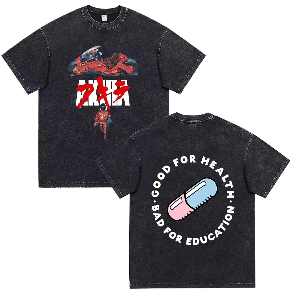 Akira Anime Shotaro Kaneda Washed Black Graphic Shirt Vintage Y2K Streetwear Tee Unisex