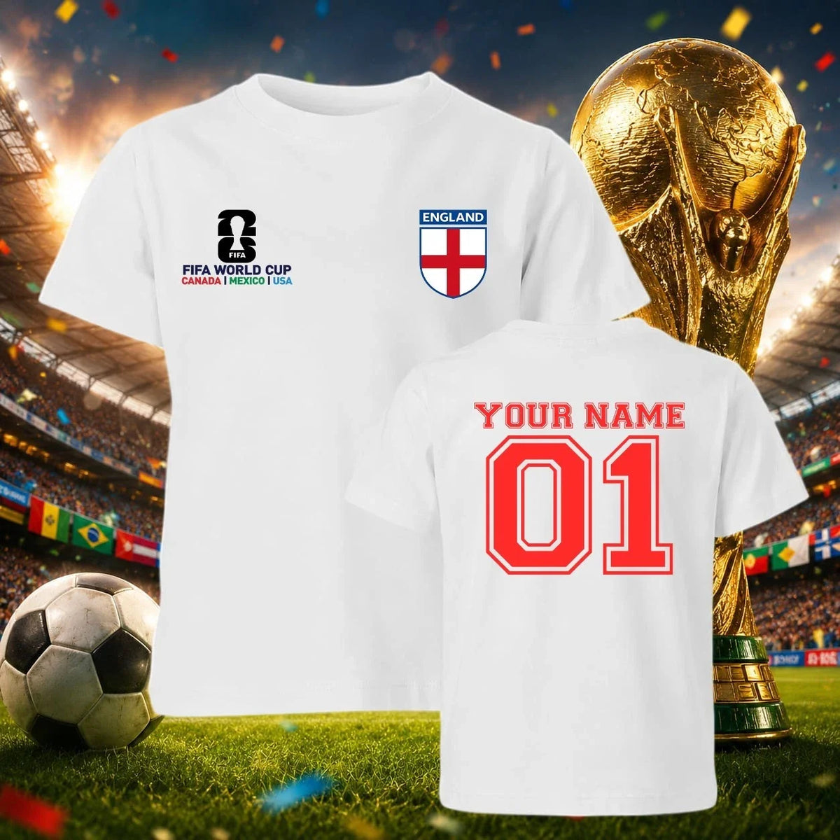 Personalised England Football World Cup 2026 Tee Unisex Kids Boys Gift Unisex