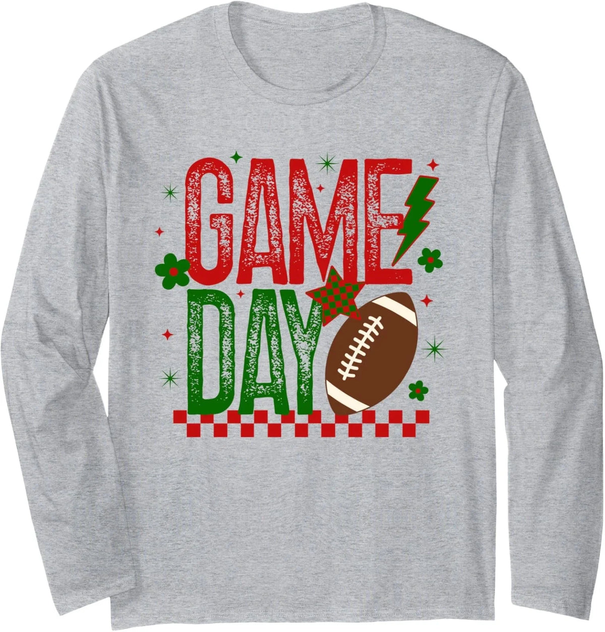 Game Day Football Retro Checked Red Green Touchdown Long Sleeve Tshirt Unisex