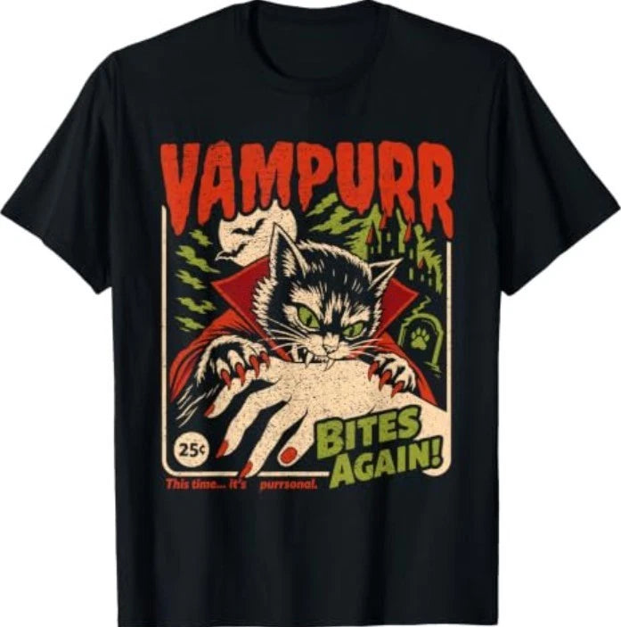 Vampurr Bites Again! Funny Cat Halloween Vintage Graphic T-Shirt4