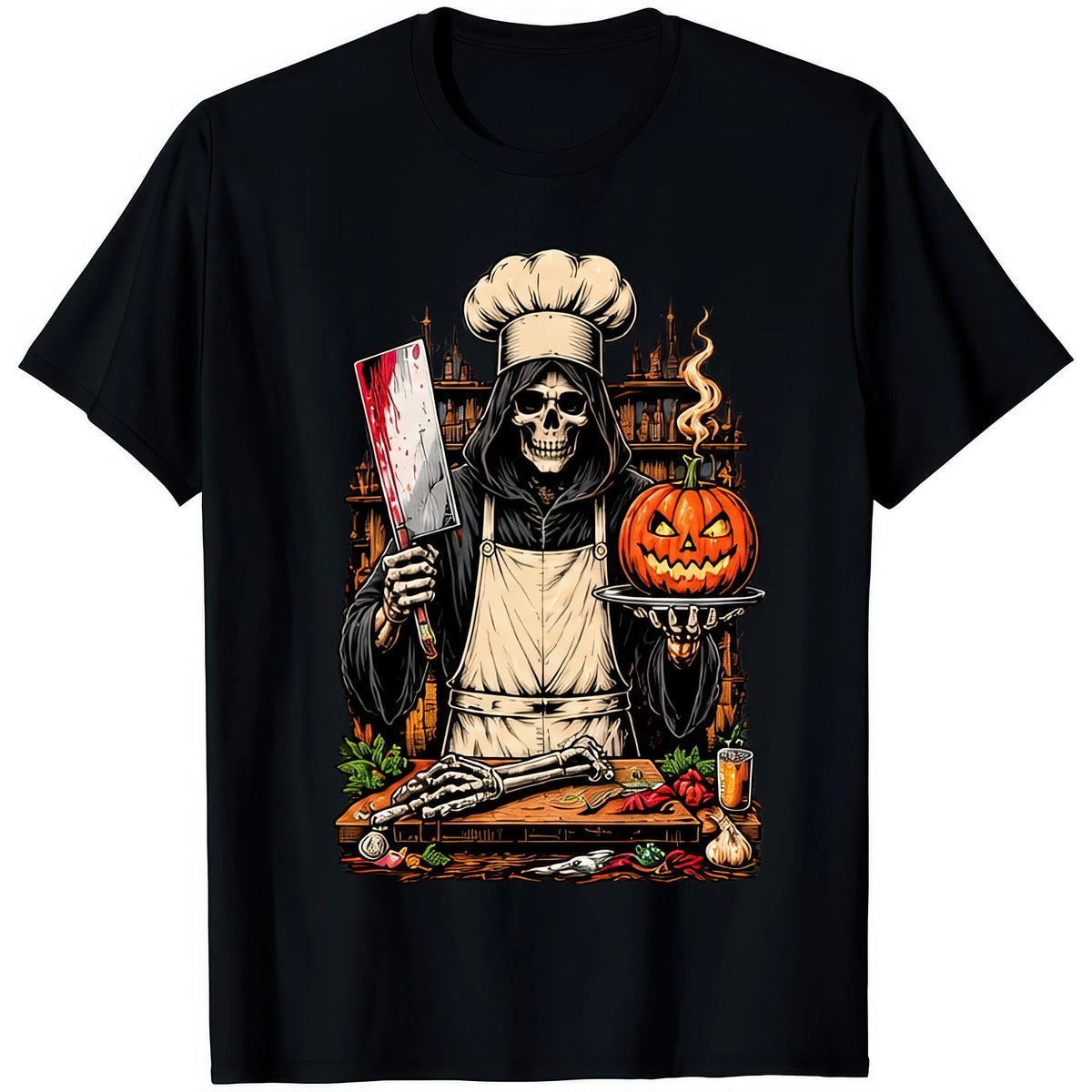 Reaper Chef With Cleaver Grim Skeleton Cooking Halloween Pumpkin Funny T Shirt