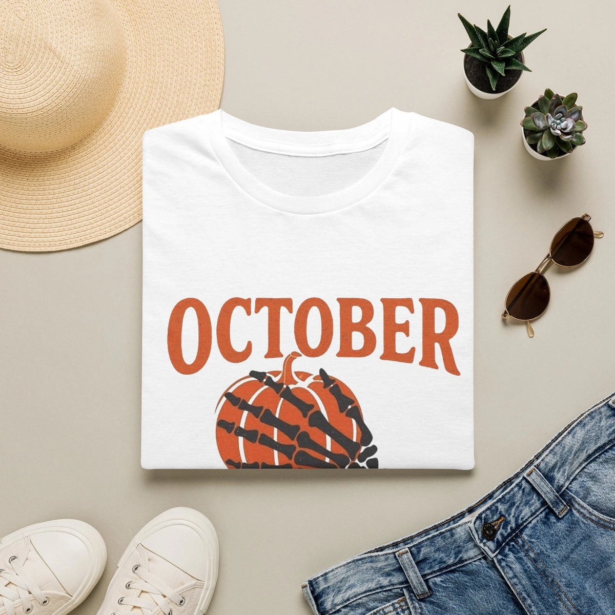 October Is Here Shirt | Skeleton Hand Pumpkin Halloween Tee