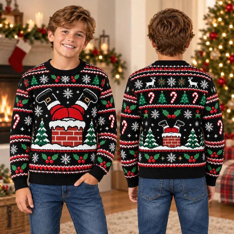 Funny Santa Stuck in Chimney Ugly Christmas Sweater, Youth Unisex Pullover