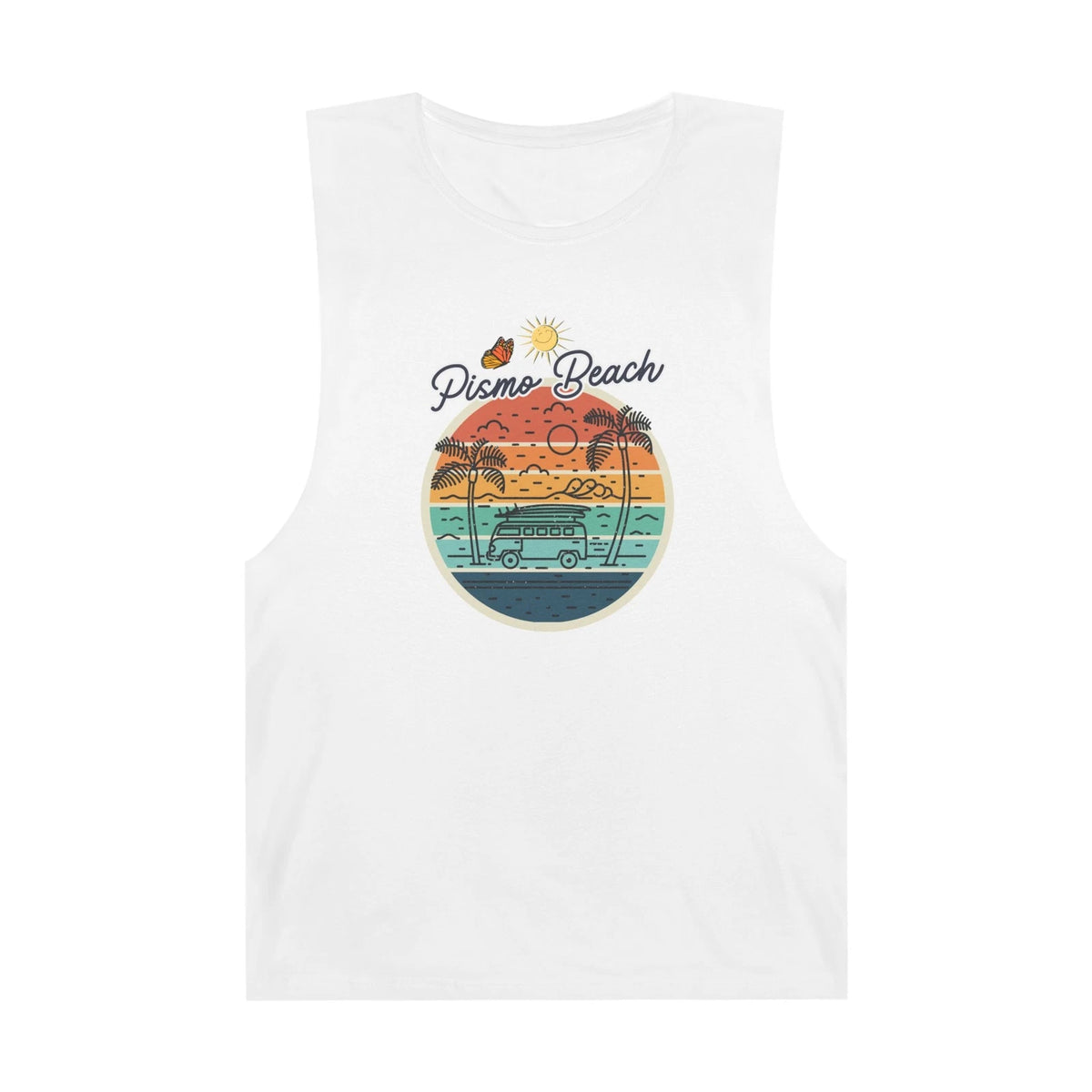 Pismo Beach Retro Sunset Summer Tank Top, Volks Wagon Van, Butterfly graphic